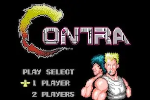 Contra NES title screen – iconic run-and-gun shooter with 2-player co-op and classic 8-bit action